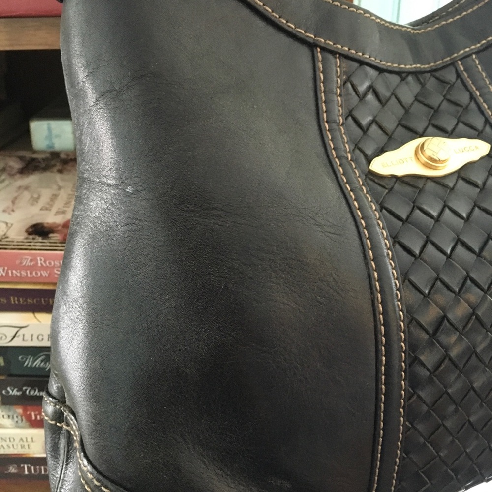 Elliott Lucca black leather hobo with gold hardware soft woven detail purse - Picture 3 of 10